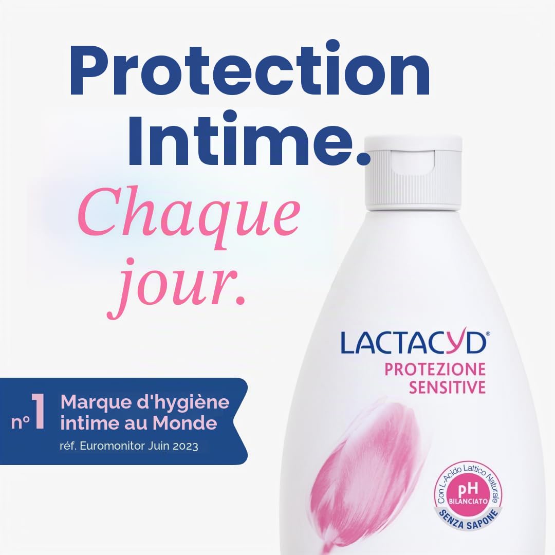 Lactacyd Sensitive Protection, nettoyant d'hygiène intime adapté aux peaux sensibles, avec de l'acide lactique biotechnologique et de l'extrait de coton, pack de 6 pièces (6 x 300 ml)