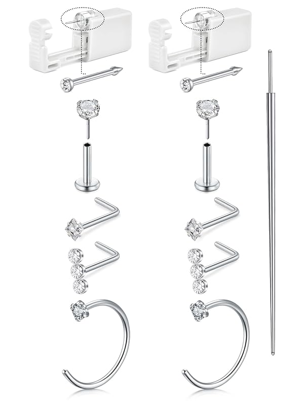 Kit para piercing de nariz QWALIT Silver com pistolas, argolas e pinos, pacote com 2