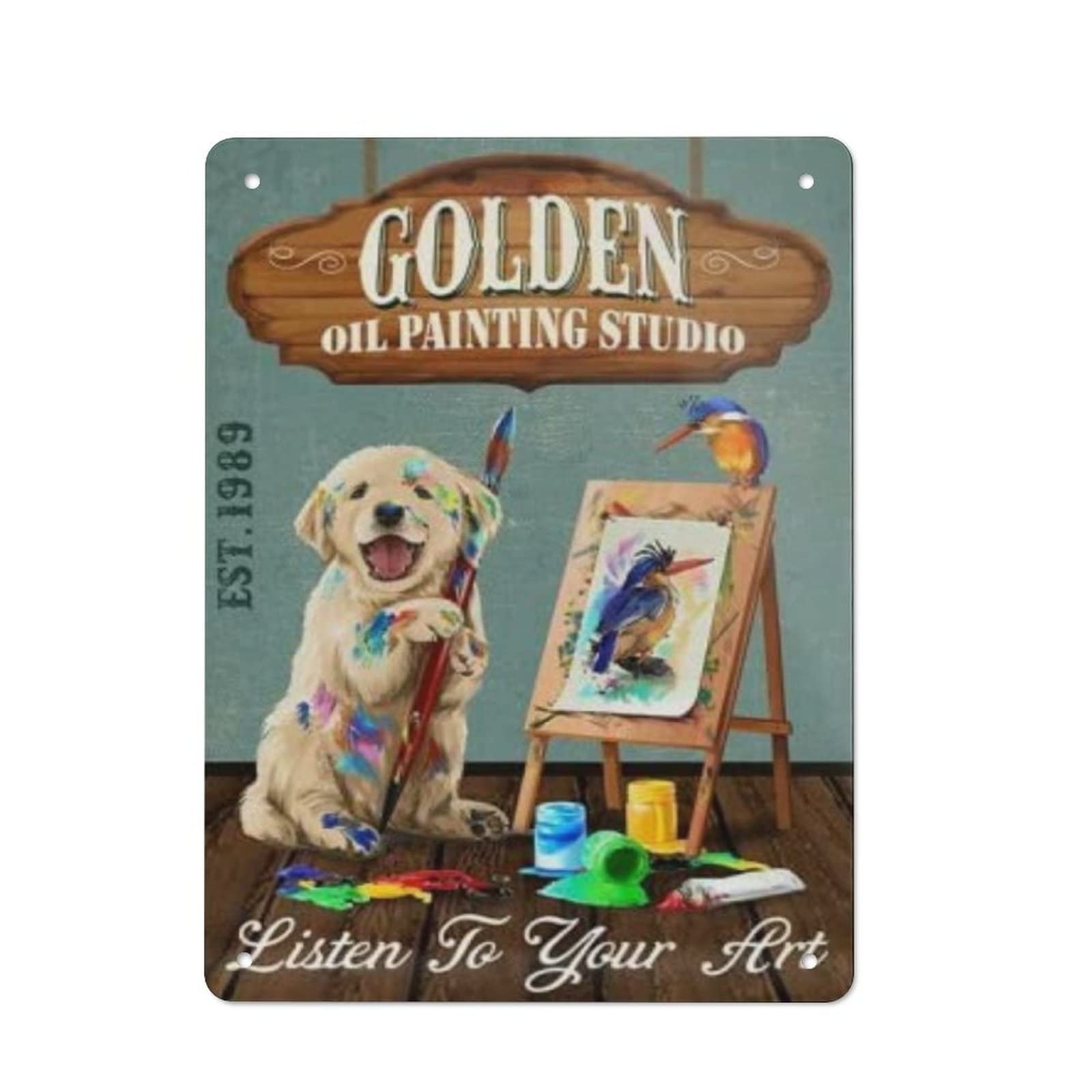 AOOEDM Golden Retriever Dog Oil Painting Studio Vintage Tin Sign Metal Tin Signs for Man Cave Funny Art Wall Plaque Kitchen Bar Pub Coffee Shop Wall Decor