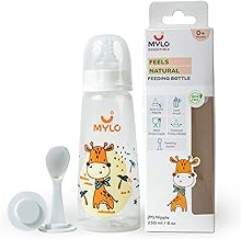 Mylo Baby 2 in 1 Feeding Bottle with Spoon (250 ml) for New Born Baby | Anti Colic & BPA Free Feeding Bottles | Feels Natural Baby Bottle | Easy Flow Neck Design- Grey Girrafe