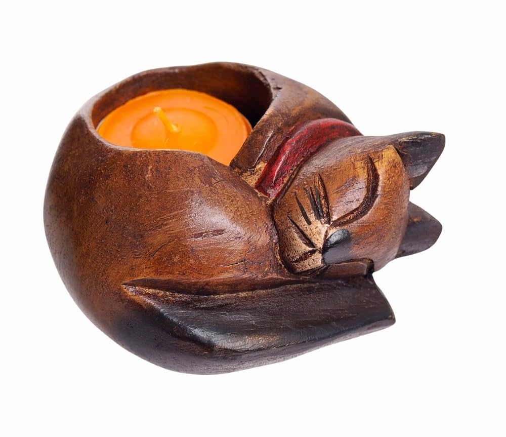 Wooden Tealight Holder Carving Handcrafted Wooden Carved Candle Holder Tealight Handicraft by Thai Artisans Living Room Decor Candle Holder Wooden Cat (Dark Brown)