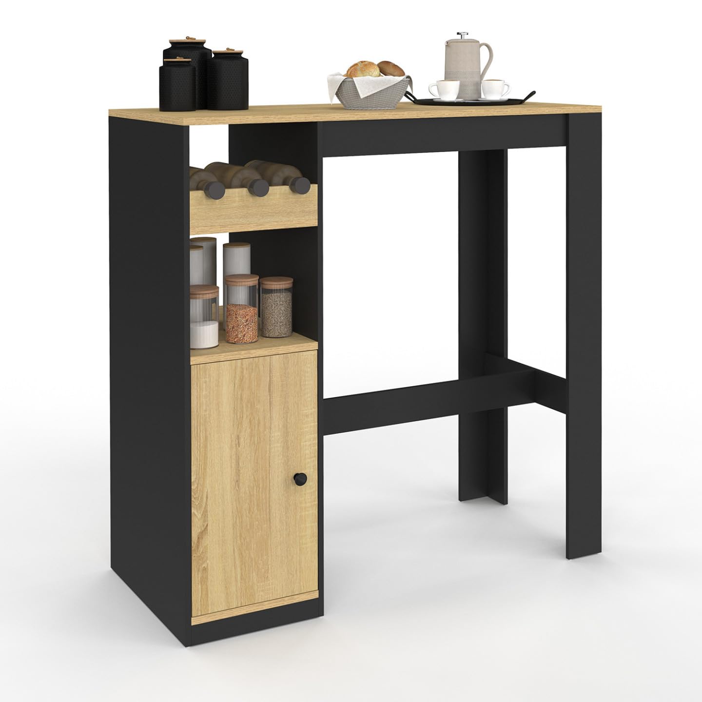 IDMarket - Table de Bar Ameri avec Placard et Range Bouteilles 2 Personnes Bois et Noir