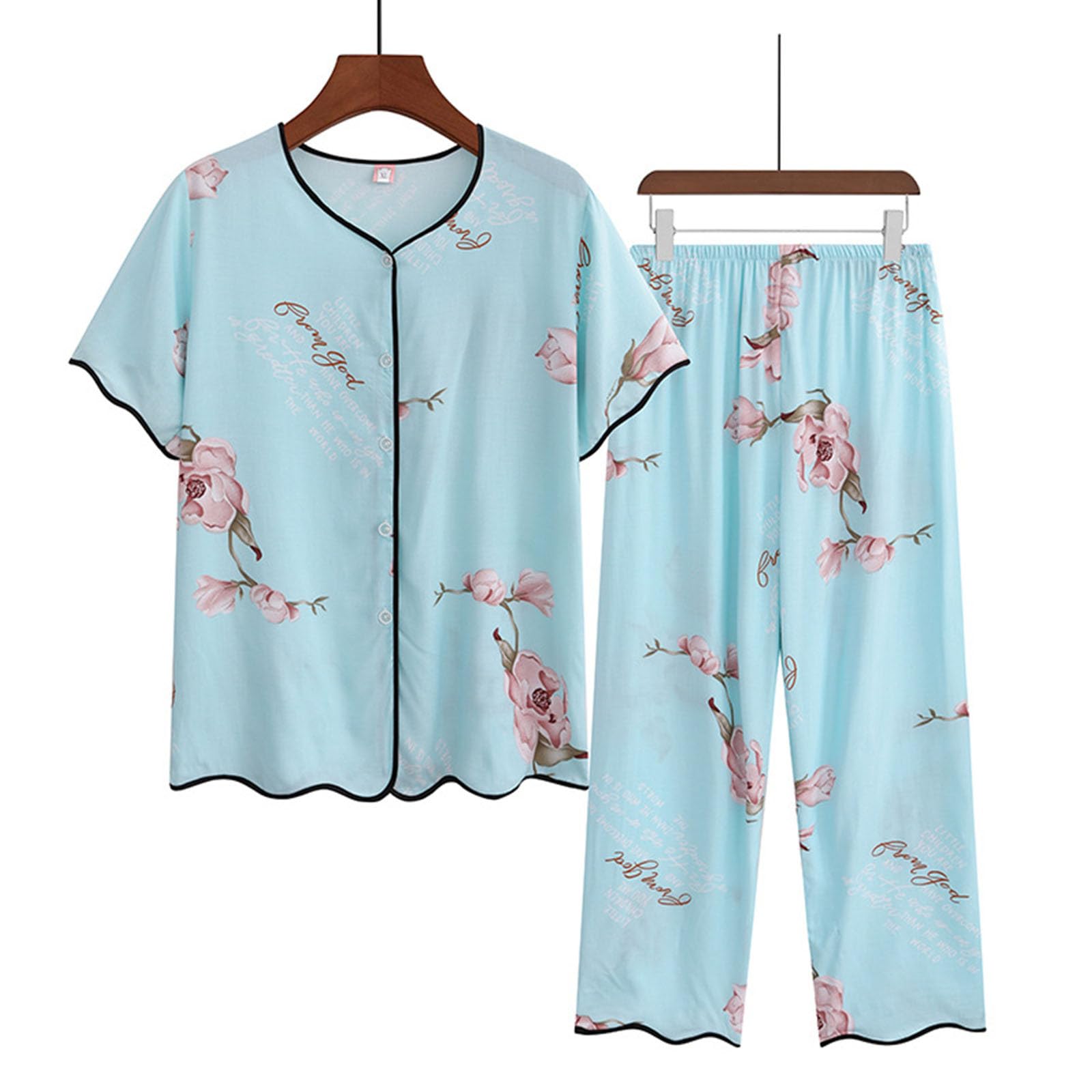 NSICBMNO Ensemble de pyjama pour femme - Grande taille - Chemise boutonnée - Haut floral - Taille élastique - Pantalon capri - Ensemble de détente d'été - Ensembles de vêtements d'intérieur