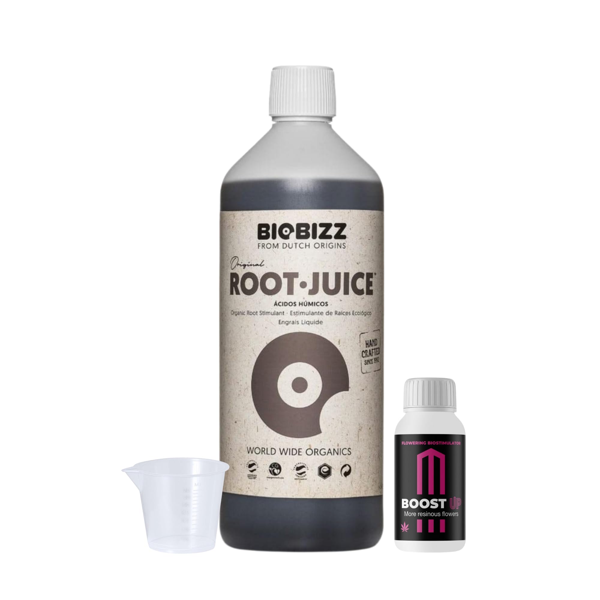 GROWMANIA Root Juice von BioBizz 1L + Probe Boost Up von Up Nutrients + Messbecher | Organischer Wurzelstimulator | Ideal für mittelgroße Gärten und Obstgärten