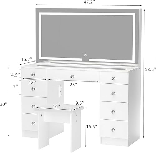 Miniatura 2 de VOWNER Tocador con espejo iluminado, escritorio de maquillaje con parte superior de vidrio de 47 pulgadas con 9 cajones y toma de corriente, 3 modos