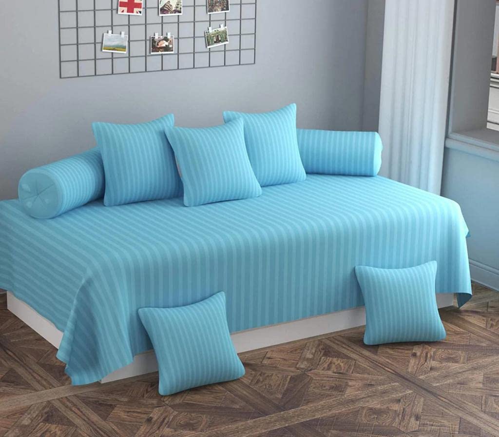 Fresh Home 8 Piece Satin Stripes King Size Solid Diwan Set with Bedsheet Bolster & Cushion Cover | Fancy Diwan Set Cotton for Home Living Room |Sky Blue Stripe-image-45