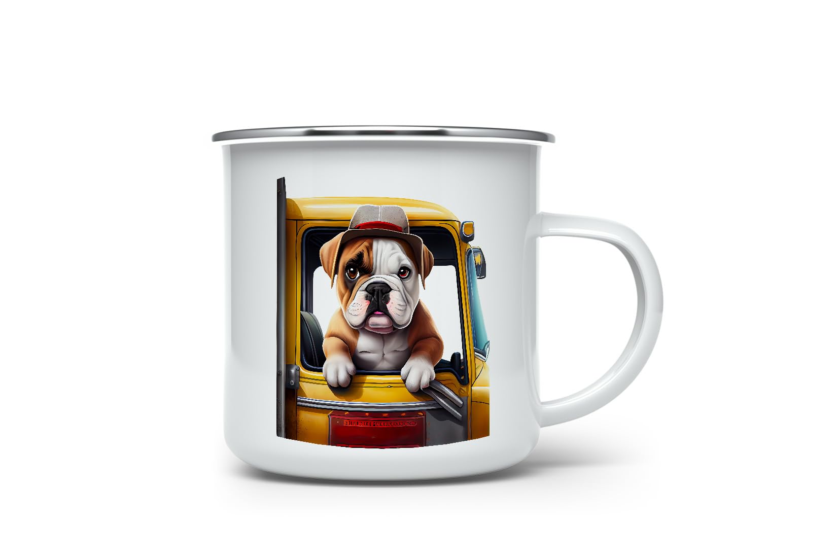 MAXIKIWI - Durable Enamel Coffee or Tea Camping Mug for Indoor Outdoor Use - Bulldog Puppy Truck Driver - 350ml