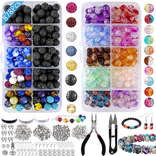 Wergund 878Pcs Lava Beads Chakra Beads Glass Crackle Beads Kit - with Spacer Beads Jump Ring Jewelry Findings for Diffuser Essential Oils Yoga, Bracelets Earrings Necklace DIY Jewelry Making Supplies