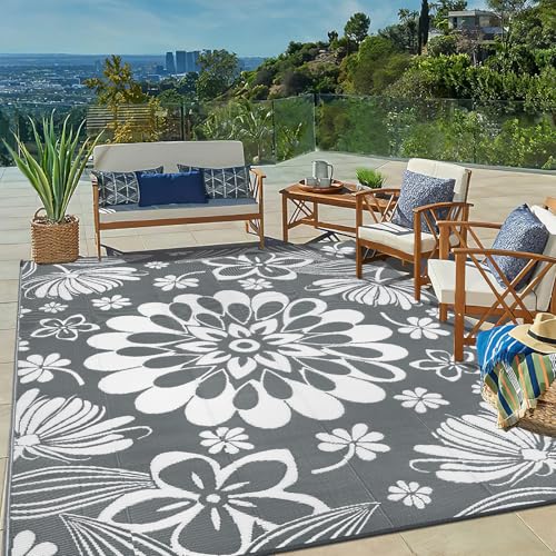 Ileading Outdoor Plastic Straw Rug 8x10ft Funny Floral Style Reversible Patio Area Rugs Waterproof Non Shedding Portable Carpets for Rv Outside Deck Pool Beach Picnic Camping (Grey) by Ileading - Used condition - CA$40.14