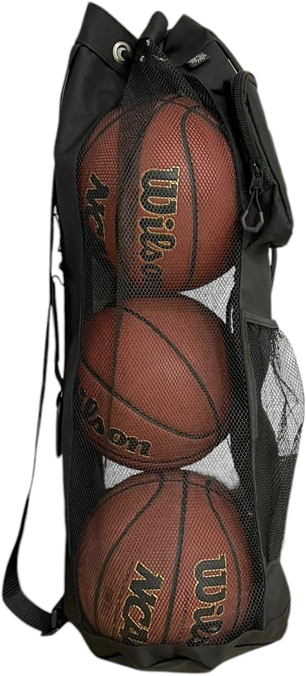 3 Basketball Holder Bag – Heavy Duty Canvas & Mesh Carry Sack w/Zipper Pouch, Carabiner, ID Slot – Gym Sports Bag for Players, Coaches, Gifts for Athletes