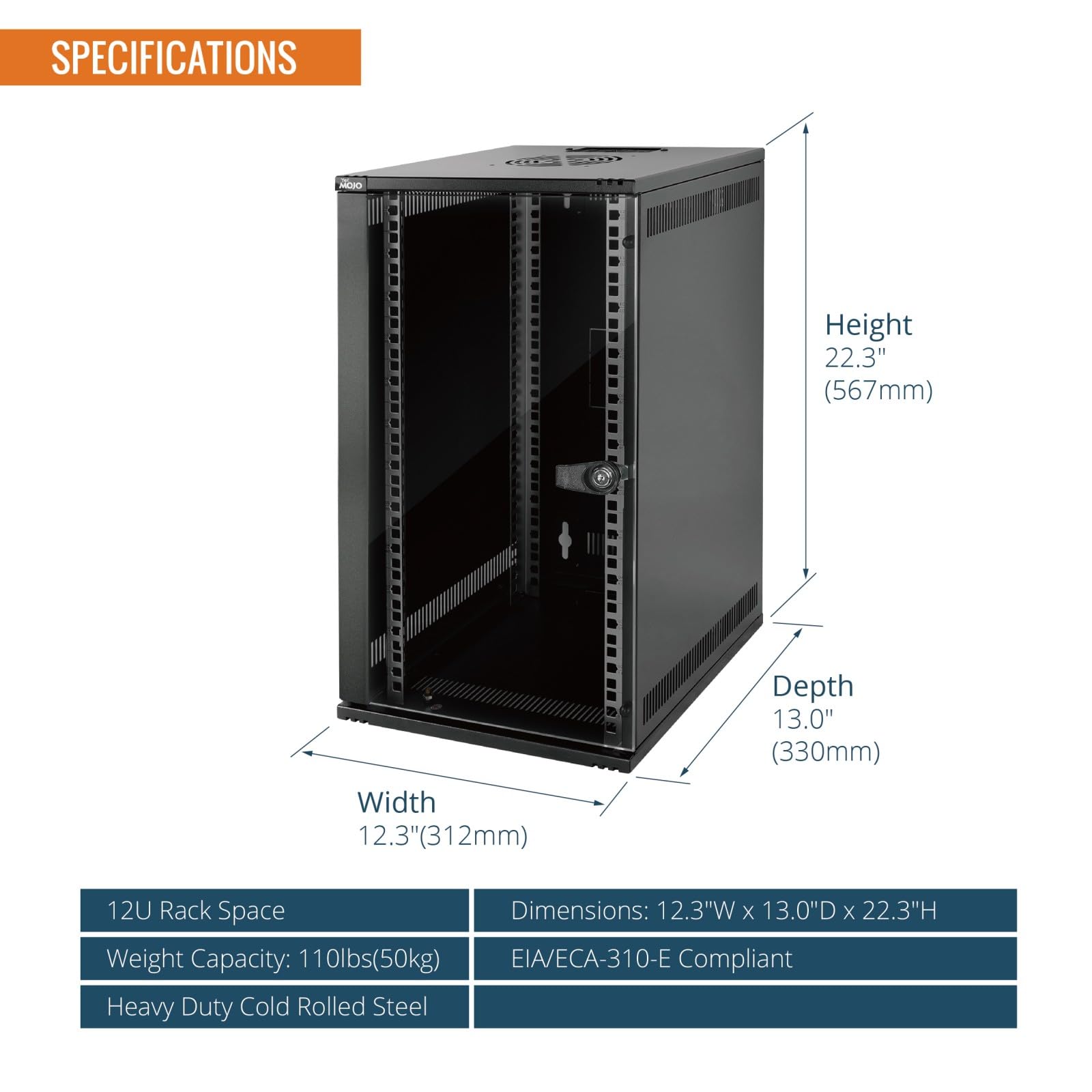 Tecmojo 12U 330mm Tiefe Datenschrank Wandmontage, 12U 10" Serverschrank Netzwerkschrank mit Rackablage, gebürstete Paneele, Kabel-Organizer für 10er AV/IT/Daten-Geräte