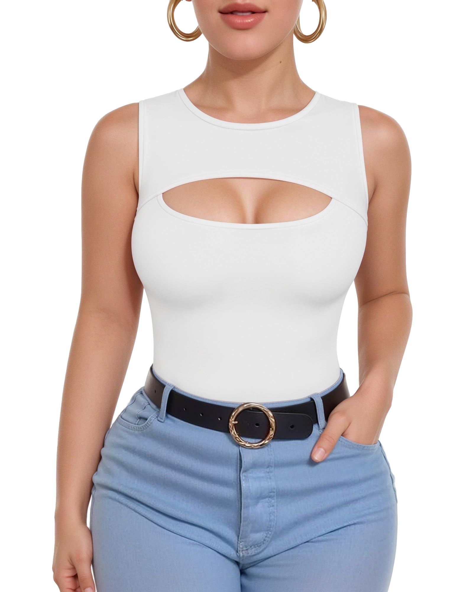 ALGALAROUND Sleeveless Tank Tops for Women Cut Out Front Ribbed Tshirt Crew Neck Casual Shirt