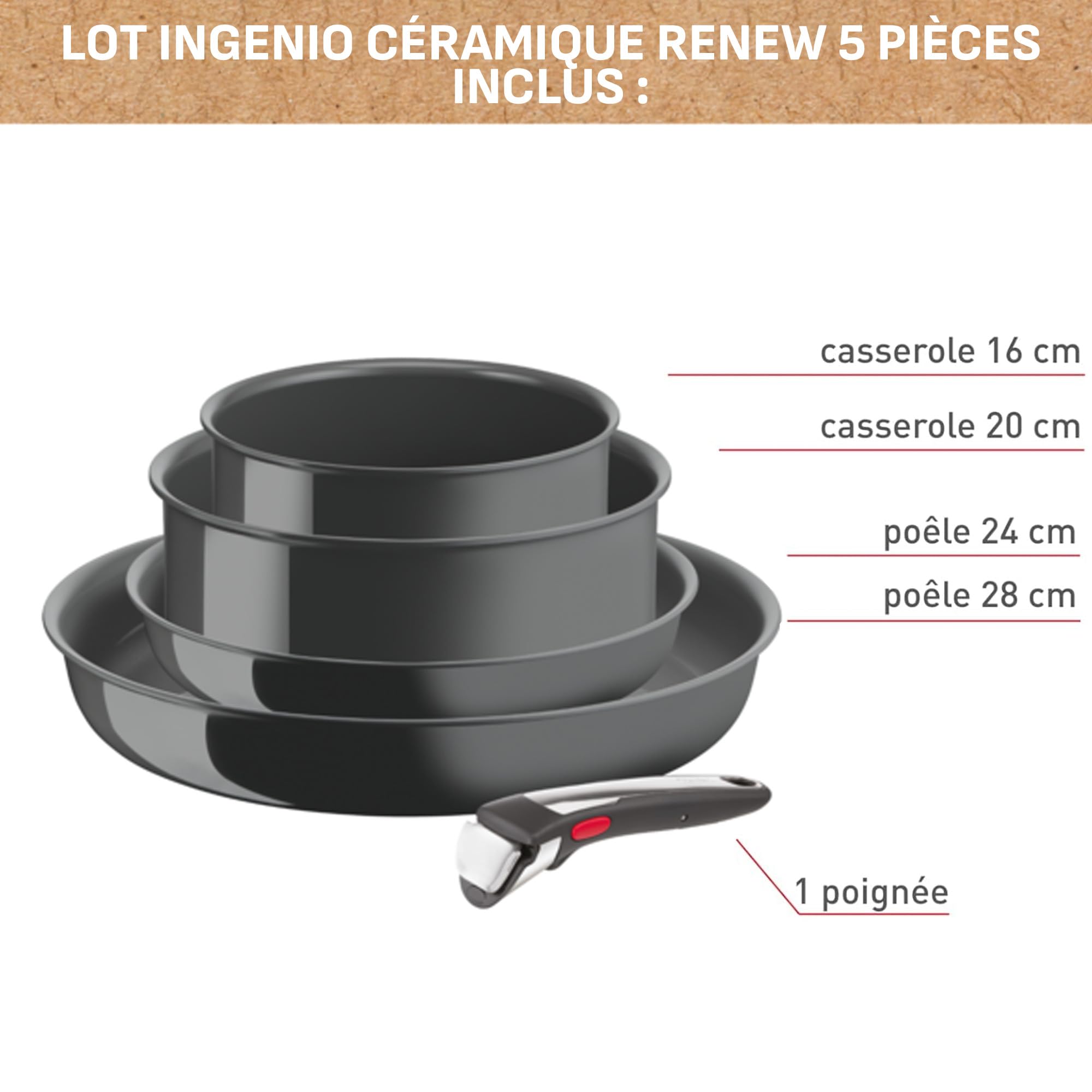 Tefal Ingenio Lot de 5 pièces, Poêles, Casseroles, Poignée amovible, Induction, Revêtement céramique antiadhésif, Eco-conçu, Compatible lave-vaisselle, Fabriqué en France, Renew L26190022