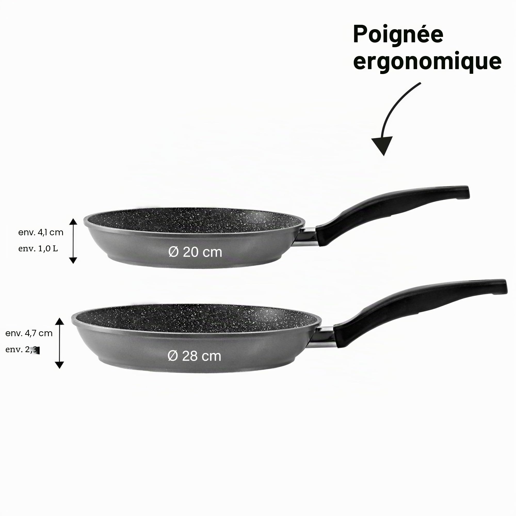 STONELINE Poêles, Set de 2, 20/28 cm, Revêtement Antiadhésif avec de vraies particules de pierre, compatible à l'induction et au four, gris, cuire sans huile et graisse