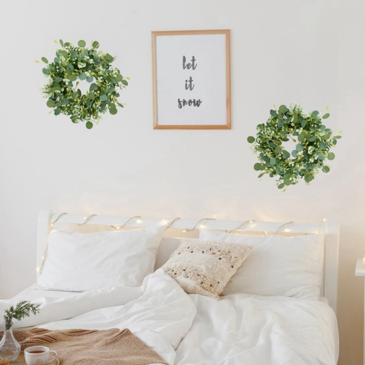 2Pcs Eucalyptus Green Wreath for Front Door, 11.8” Artificial Eucalyptus Leaves with White Flower Spring Summer Wreath for Wedding Wall Window Festival Farmhouse Garden Home Decor