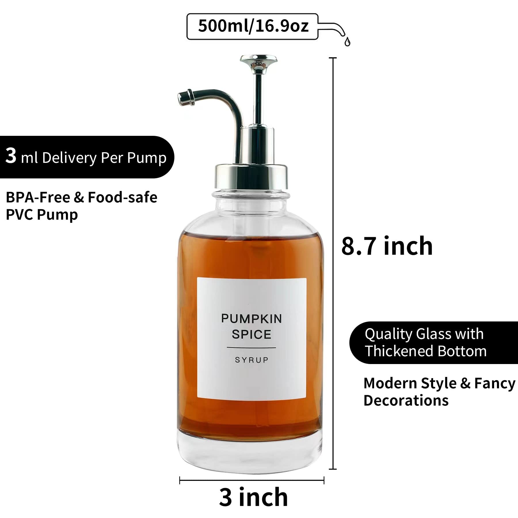 Szklany dozownik syropu kawowego do baru kawowego z 84 etykietami (zestaw 2), fantazyjna butelka z pompką do akcesoriów do baru kawowego, 480 ml, srebrny
