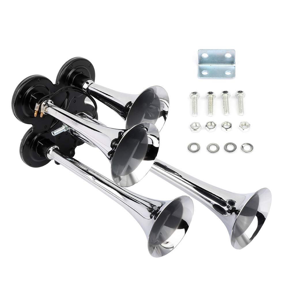 ANPART Air Horn 12V 150db 4 Trumpet Chrome Zinc with Pre-installed Electronic Air Solenoid, Package of Fittings Loud Air Horn Kit Replacement for Truck Boat Train Vans (Silver)