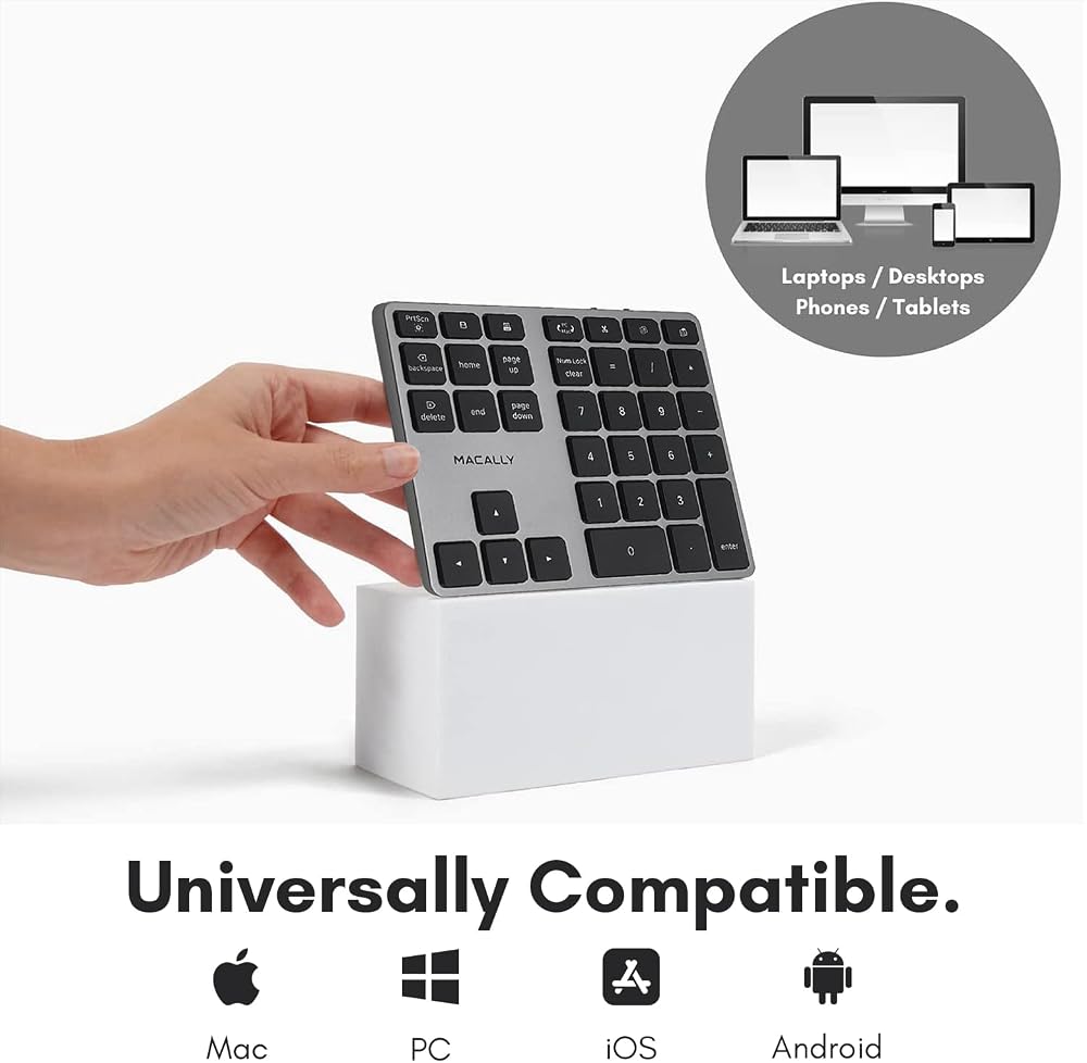 Macally Bluetooth Number Pad for Laptop - Slim Aluminum Design - Rechargeable Wireless Numeric Keypad - 35 Key Numpad Keyboard for Data Entry - for Mac, MacBook Pro/Air, iPad, iPhone, iOS, PC, Android