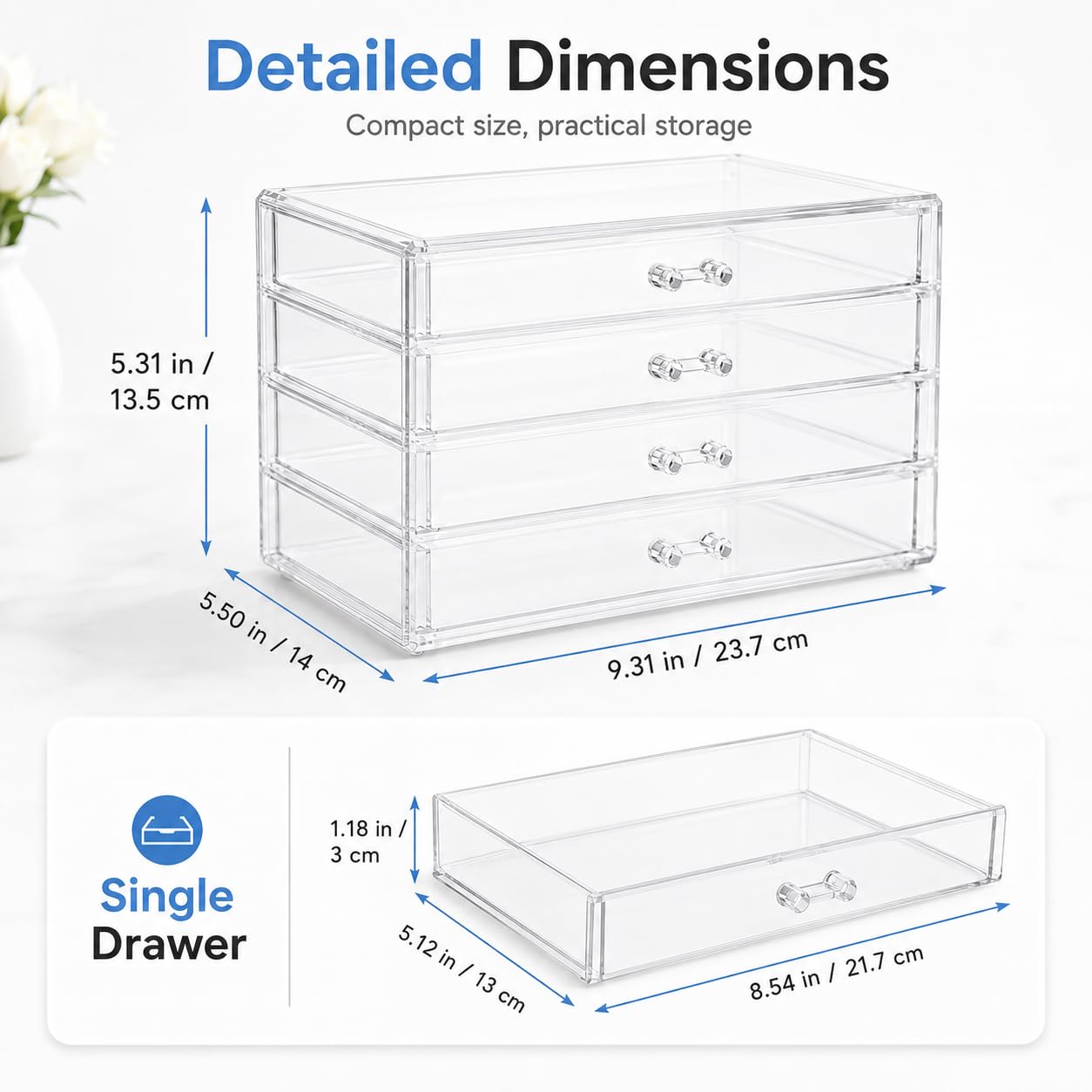 Healeved Scatola di immagazzinaggio di trucco acrilico 4 cassetti Desktop Cosmetic Organizer Grande Caso di trucco domestico a quattro strati per cosmetici da tavolo Vanity