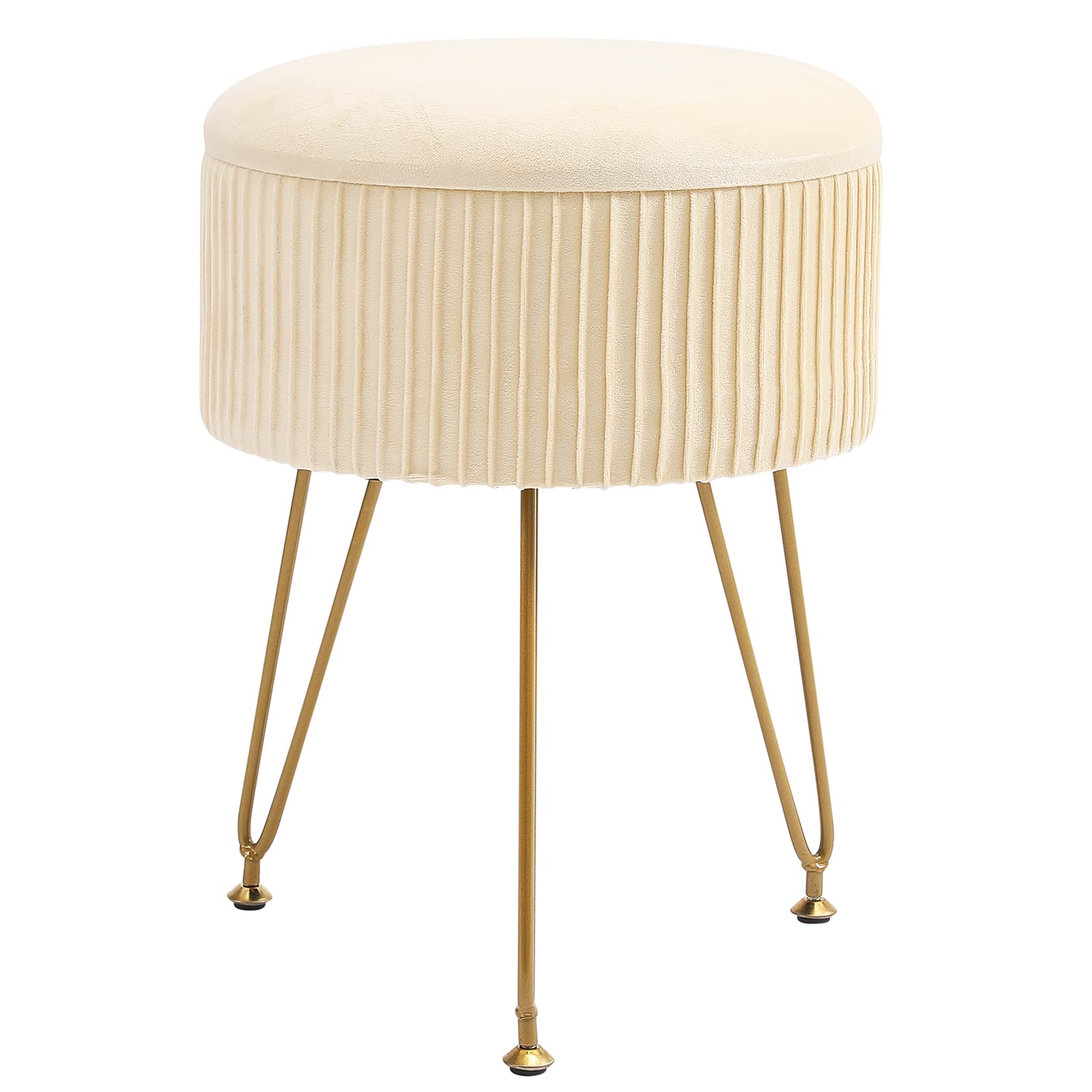 CUYOCA Round Storage Ottoman with Tray, Vanity Stool with Storage for Living Room Makeup Room, Coffee Table Foot Rest Stool for Vanity, Velvet Cream