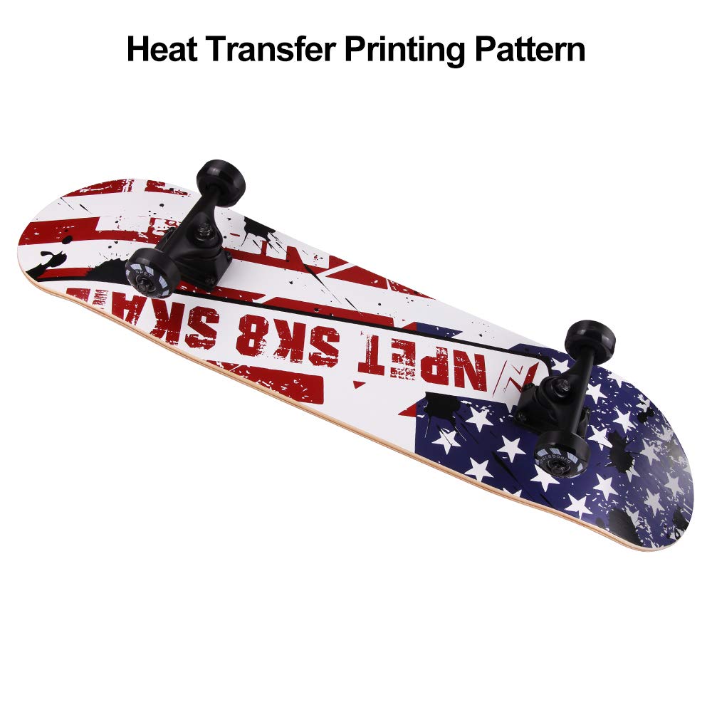 NPET Pro Skateboard Complete 31 Inch 7 Layer Canadian Maple Double Kick Concave Deck Skating Skateboard