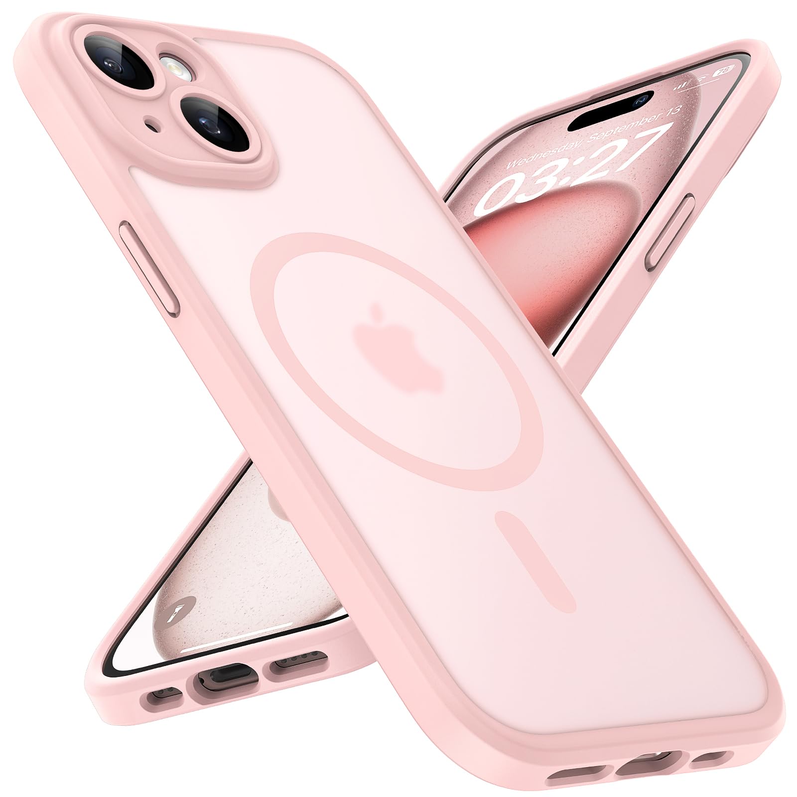 TOCOL 3 in 1 Magnetic for iPhone 15 Case, Upgraded [Full Camera Protection] [Compatible with Magsafe] [15FT Military Grade Protection] Phone Case for iPhone 15 6.1 Inch, Light Pink