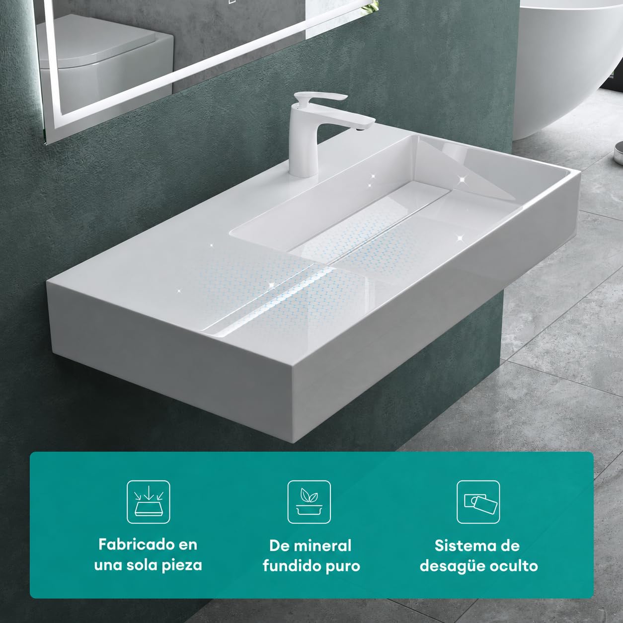 Mai & Mai Lavabo Derecho sobre Encimera 100cm Blanco Col12 | Lavabo Suspendido Mármol Fundido, con Orificio para Grifo y Válvula Desagüe, Conexión Estándar DIN, Tapa de Desagüe Oculta