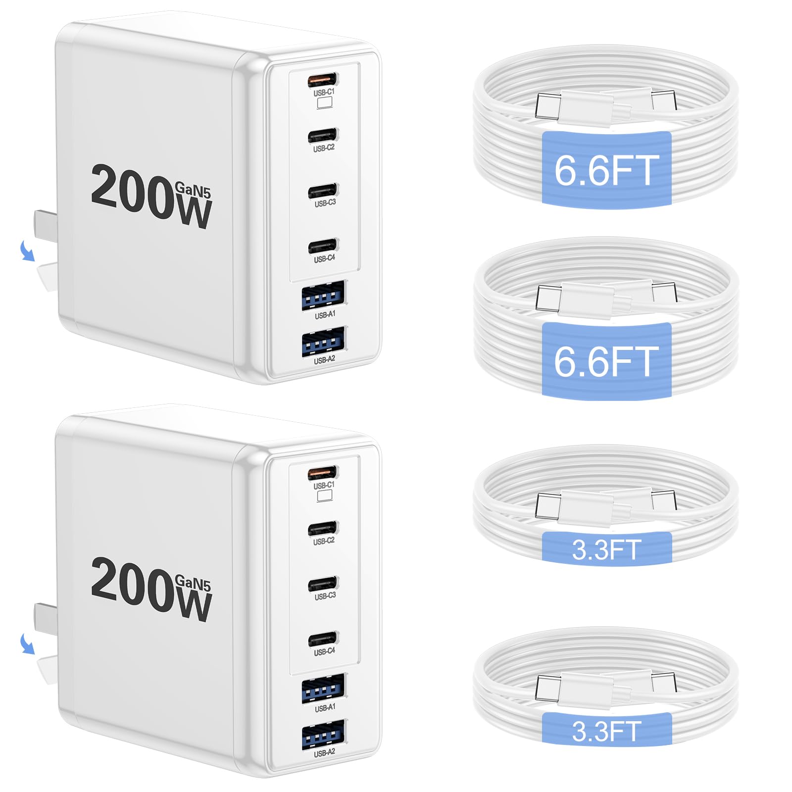 Photo 1 of 2 Pack 200W USB C Charger, Laptop Fast Charger, 6-Port Wall Charger Type C Charging Block Power Adapter for MacBook Pro, Dell XPS, iPhone 17, iPad, Tablet, Chromebook and More (White)