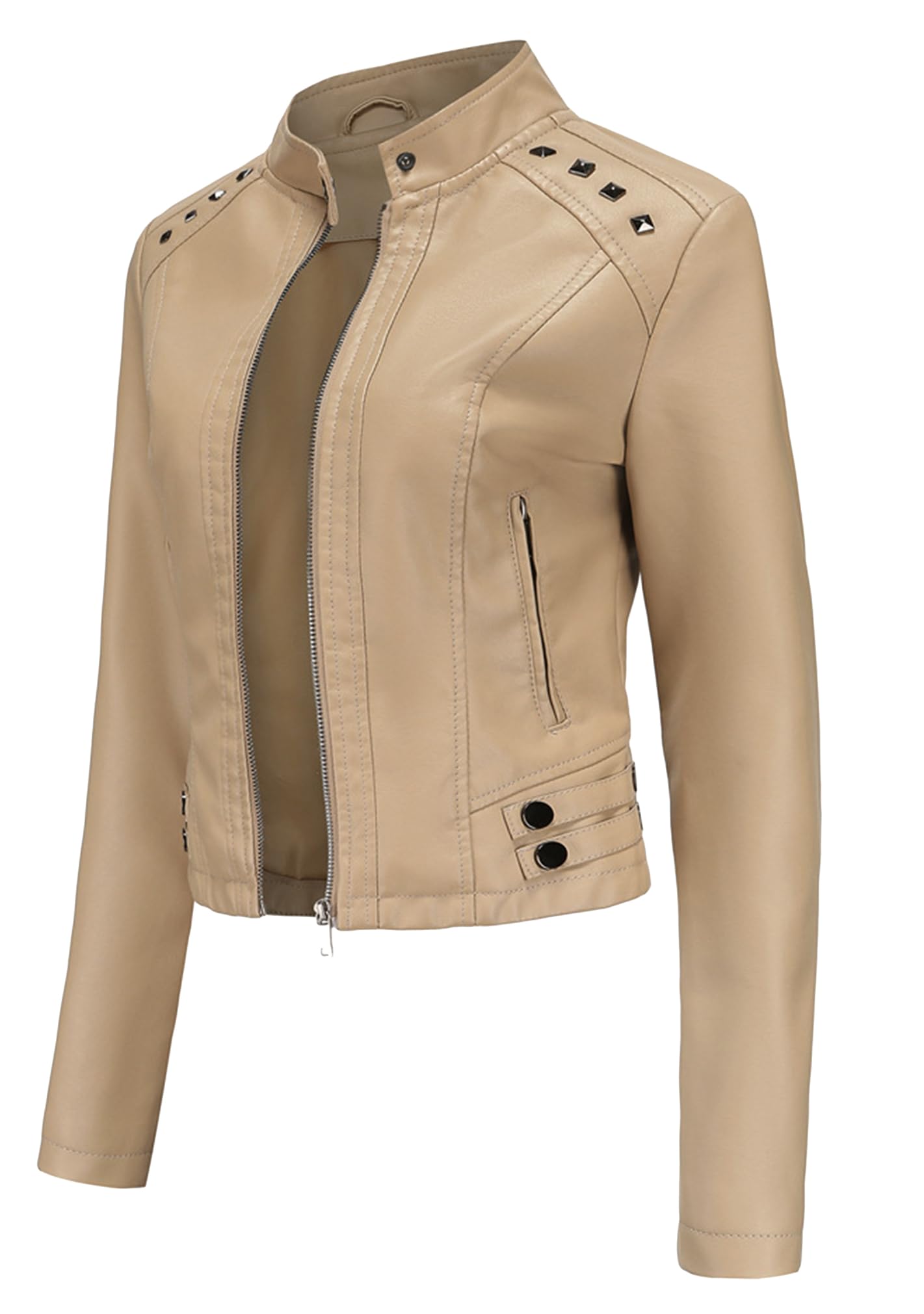 BOFETA Womens Faux Leather Long Sleeve Jackets Quilted Moto Outwear Slim Lapel Coats