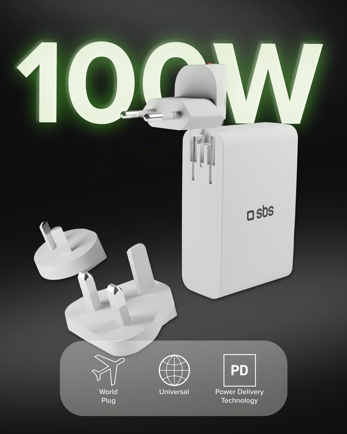 SBS Travel Adapter USB-C 100W, Chargeur de Voyage avec Fiches US/UK/EU/AU | Convertisseur Adaptateur 4 ports USB, Power Delivery (PD), Recharge Rapide pour iPhone, Android, MacBook et Ordinateur, Blanc