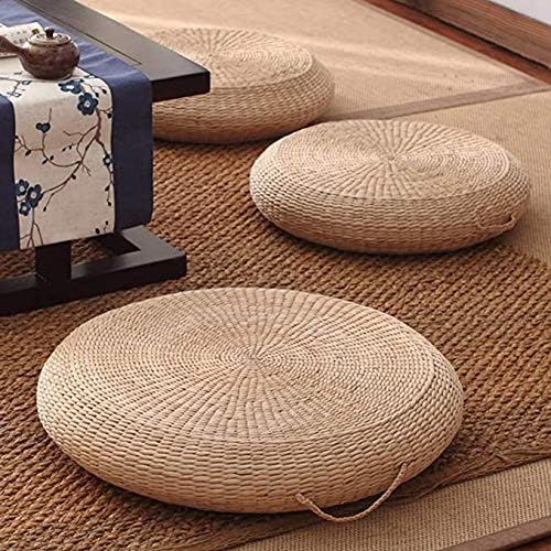 Futon Seat Cushion,Natural Straw Woven Floor Pillow Outdoor,Round Tatami Floor Cushion Sitting,Handmade Meditation Cushion,for Yoga Room (Diamete 60cm(24inch),Beige)