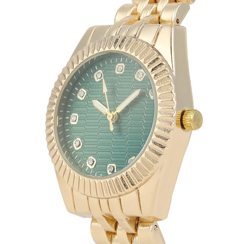 Image of Haute Sauce Women's The Ribbed H-Link Round Watch | California Gold Stainless Steel Strap | Emerald Green Dial | One-Size | Foldover Closure | Quartz | Analogue | Wrist Belt Watch for Female & Girls