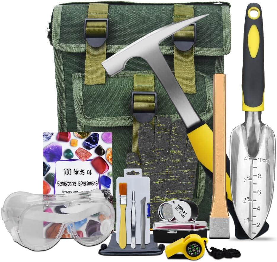14 PCS Geology Rock Pick Hammer Kit, Gold Mining & Prospecting Equipment Tool, Musette Bag, 22oz Hammer & Digging Chisels, Shovel, Magnifying Glass, Whistle, Goggles