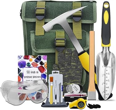 Geology Rock Pick Hammer Kit, Gold Mining & Exploration Equipment Tool, Musette Bag, 22oz Hammer & Drilling Chisel, Shovel, Magnifier, Whistle, 14 Goggles