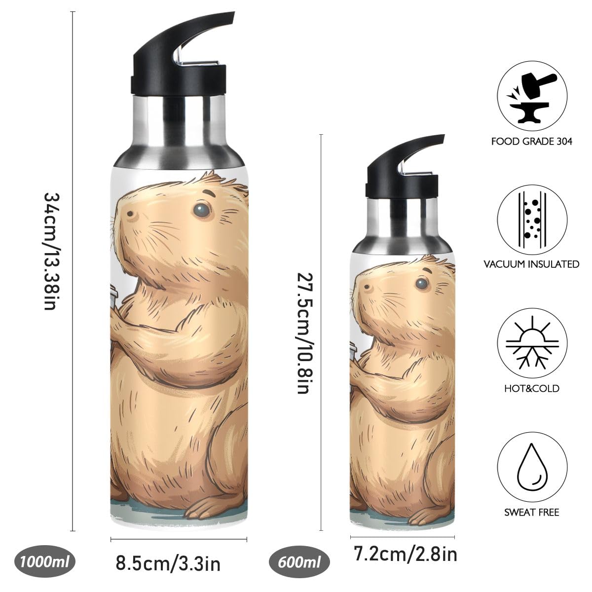 Capybara Isolierflasche Für Kinder - Süße Edelstahl Trinkflasche Mit Strohhalm