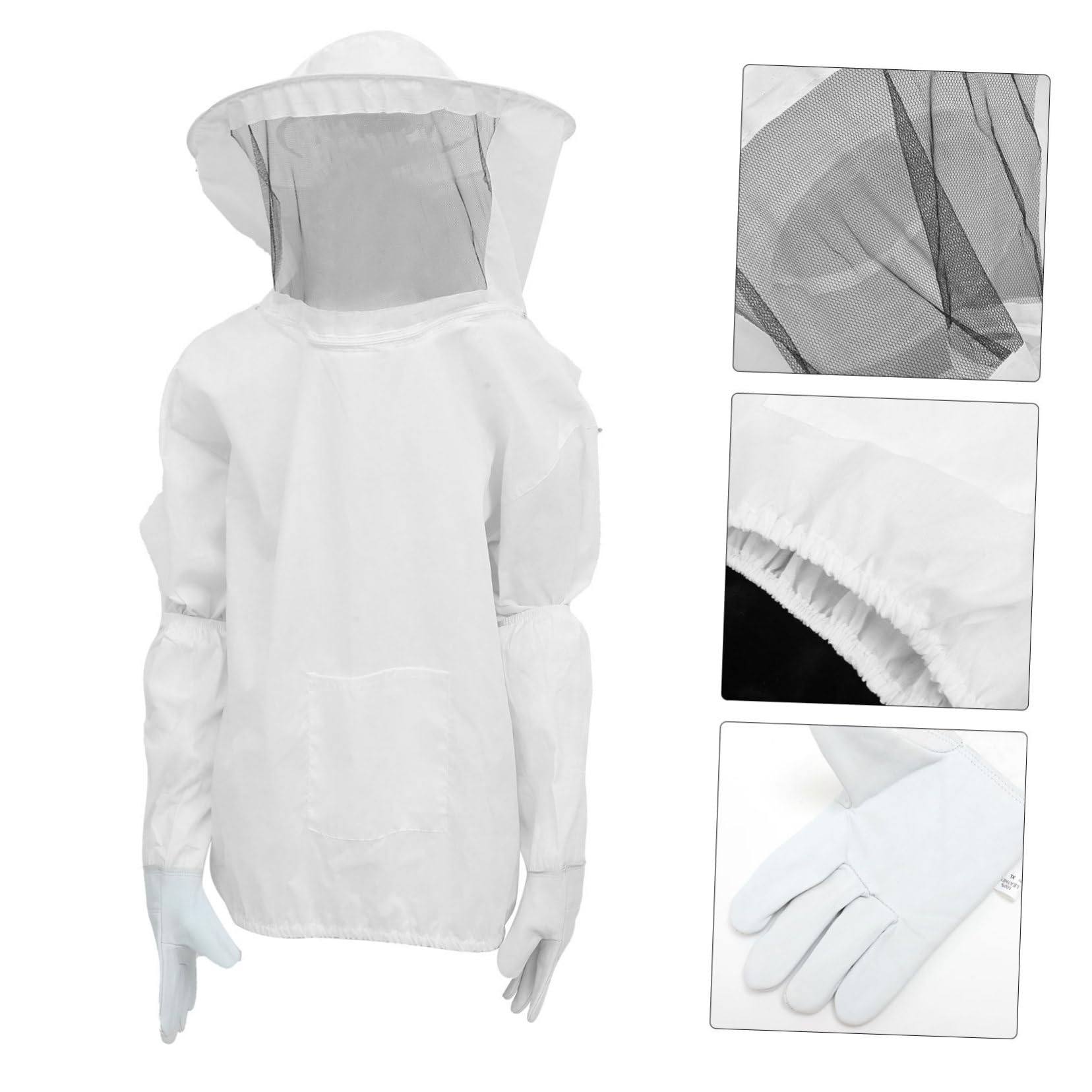Imkeranzug mit Langen Handschuhen aus Polyester und Wildleder Satz Weißer Atmungsaktiv und Bienenstichfest für Sicheres Imkern und Honigernte