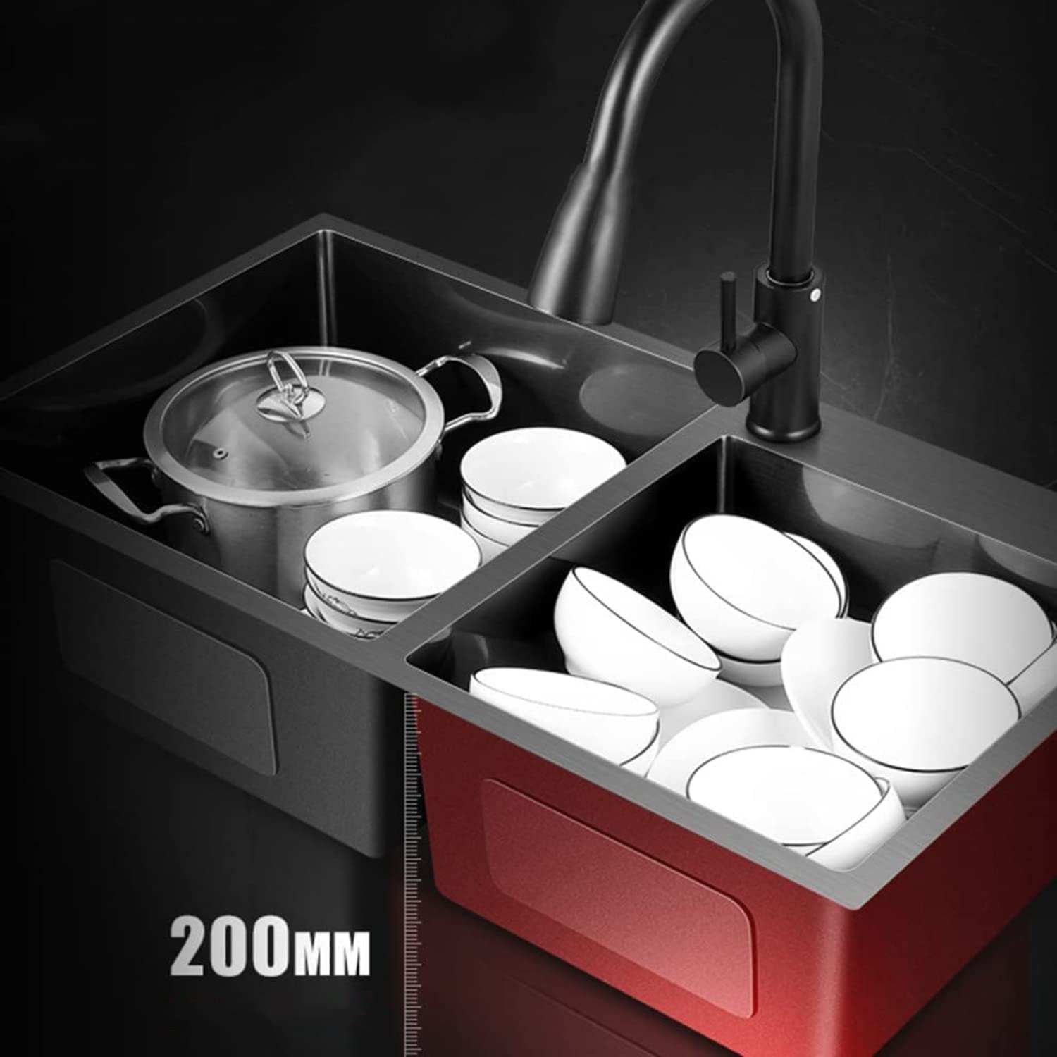 Evier de Cuisine en Acier Inoxydable Évier Double Bac avec 2 Trous de Montage Evier de Cuisine Kit, 78 * 43 * 20 cm (Noir)