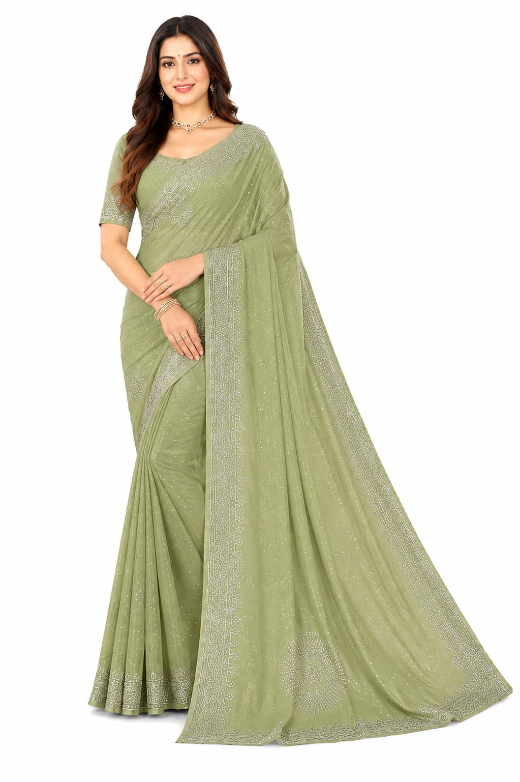 Zarikala Women’s Olive Green Georgette Saree with Stone Work Border | Designer Saree with Unstitched Blouse Piece | Ethnic Wedding & Festive Saree-picture-23