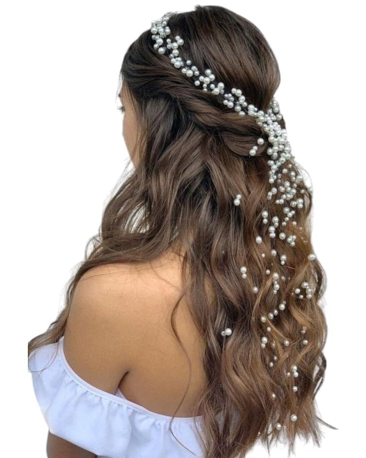 Image of 1 Pcs Handmade Pearl Hair Vine for Bride | Elegant Hair Accessories for Wedding, Party & Festivals | for Girls with Long Wavy Hair