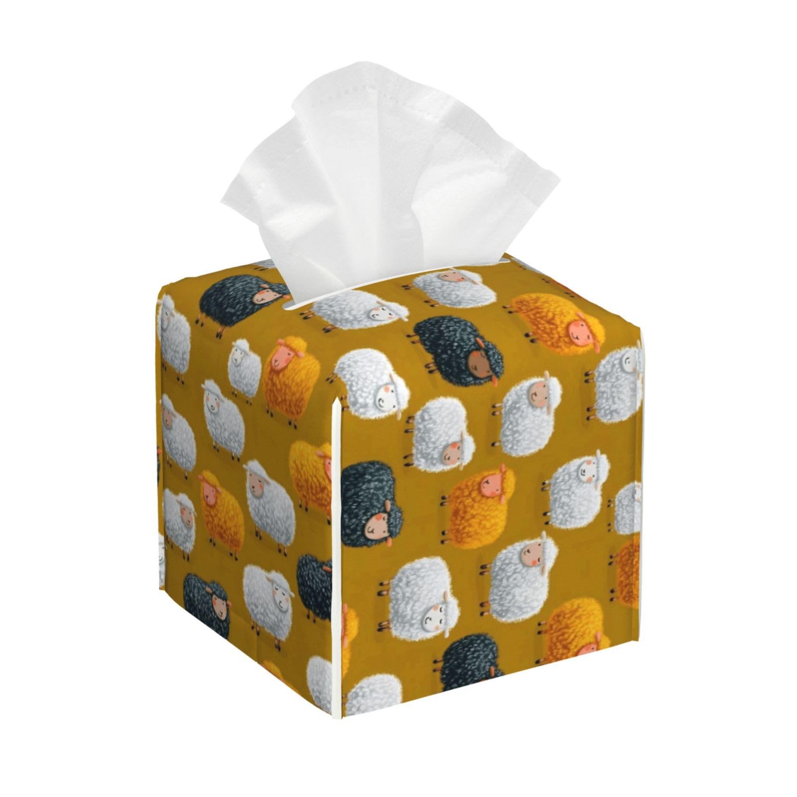 Colorful Happy Woolly Sheep Print Tissue Box Cover Holder Square, Foldable Modern Cube Tissue Box Cover, Leather Decorative Organizer for Tabletop Bathroom Car Office Desk Decor