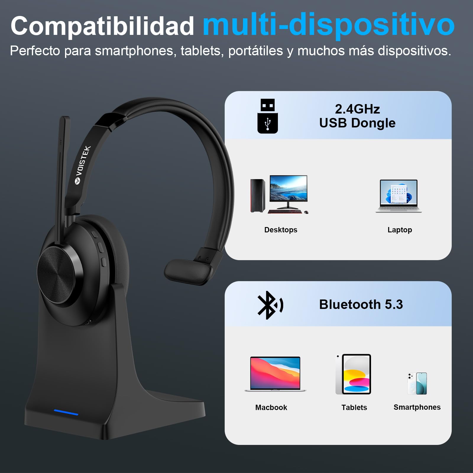 Voistek Auriculares Inalámbricos Bluetooth con Micrófono y Cancelación de Ruido, Dongle USB para PC, Botón de Silencio, Base de Carga, Ideales para Oficina, Reunión, Zoom, Call Center, Ordenador