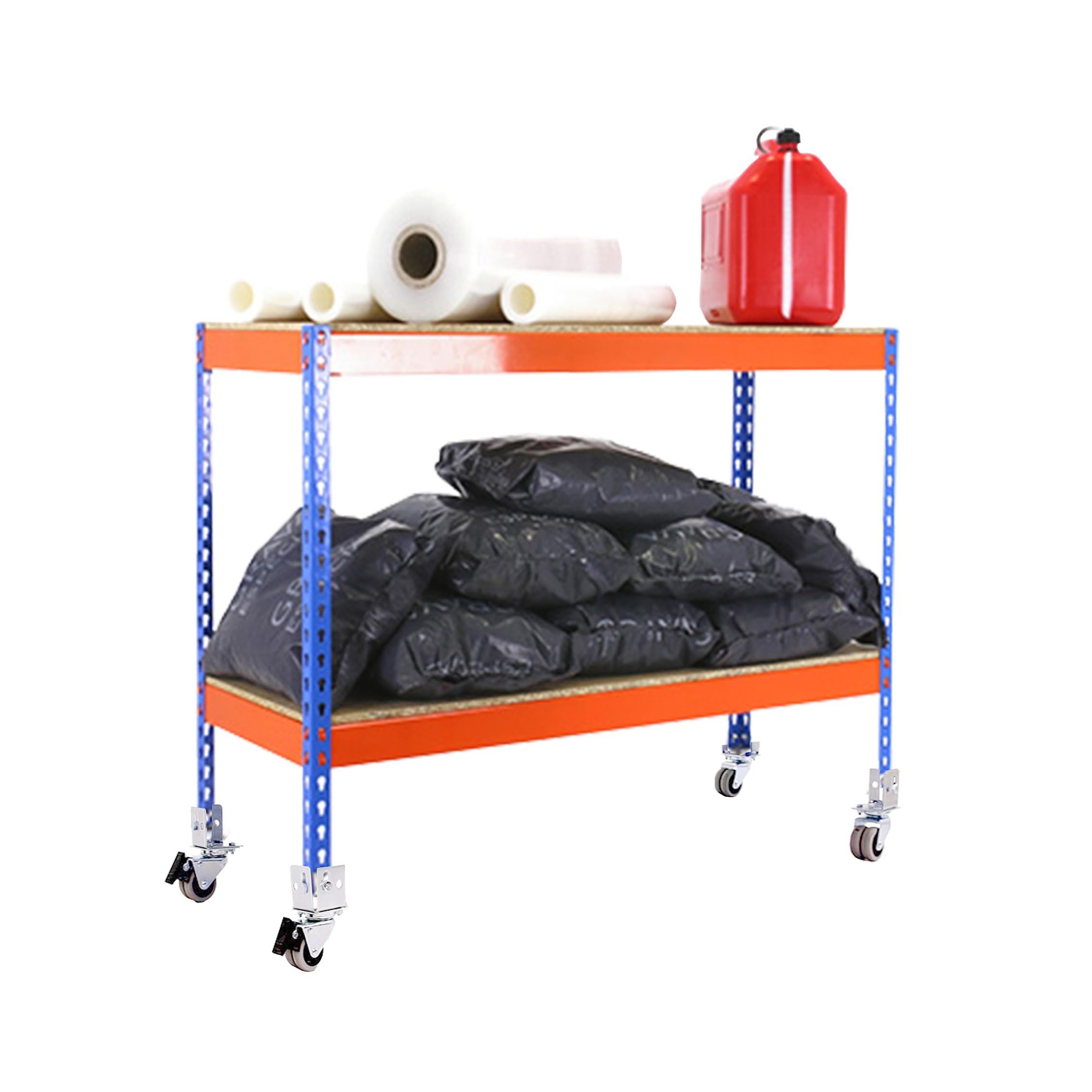 Simon Rack Étagère Charge Lourde avec Roues 975x1200x600 mm, 2 Niveaux Bois, 75 kg par Niveau, Structure Acier, Bleu/Orange/Bois - Ecoforte