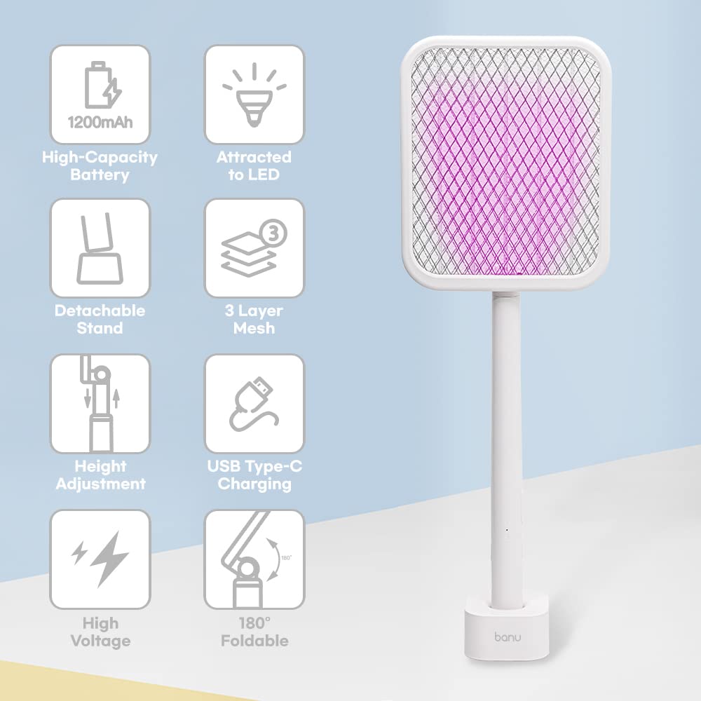 BANU - Raqueta eléctrica plegable en ángulo de 180 grados, ideal para matamoscas 2 en 1, lámpara recargable de 1200 mAh con 3 capas de malla de seguridad para interiores y exteriores