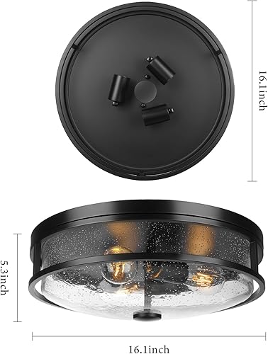 Miniatura 9 de ROS90 BK - Lámpara de techo empotrada, moderna lámpara de techo de granja con vidrio semillado para dormitorio, entrada, pasillo de cocina, ROS90 BK