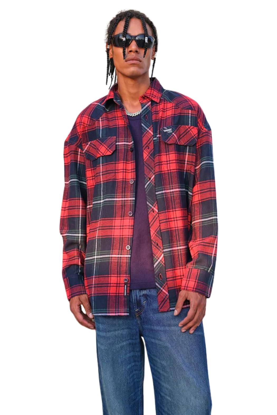 Bonkers Corner Red-Blue Checkered Oversized Mens Shirt in blue