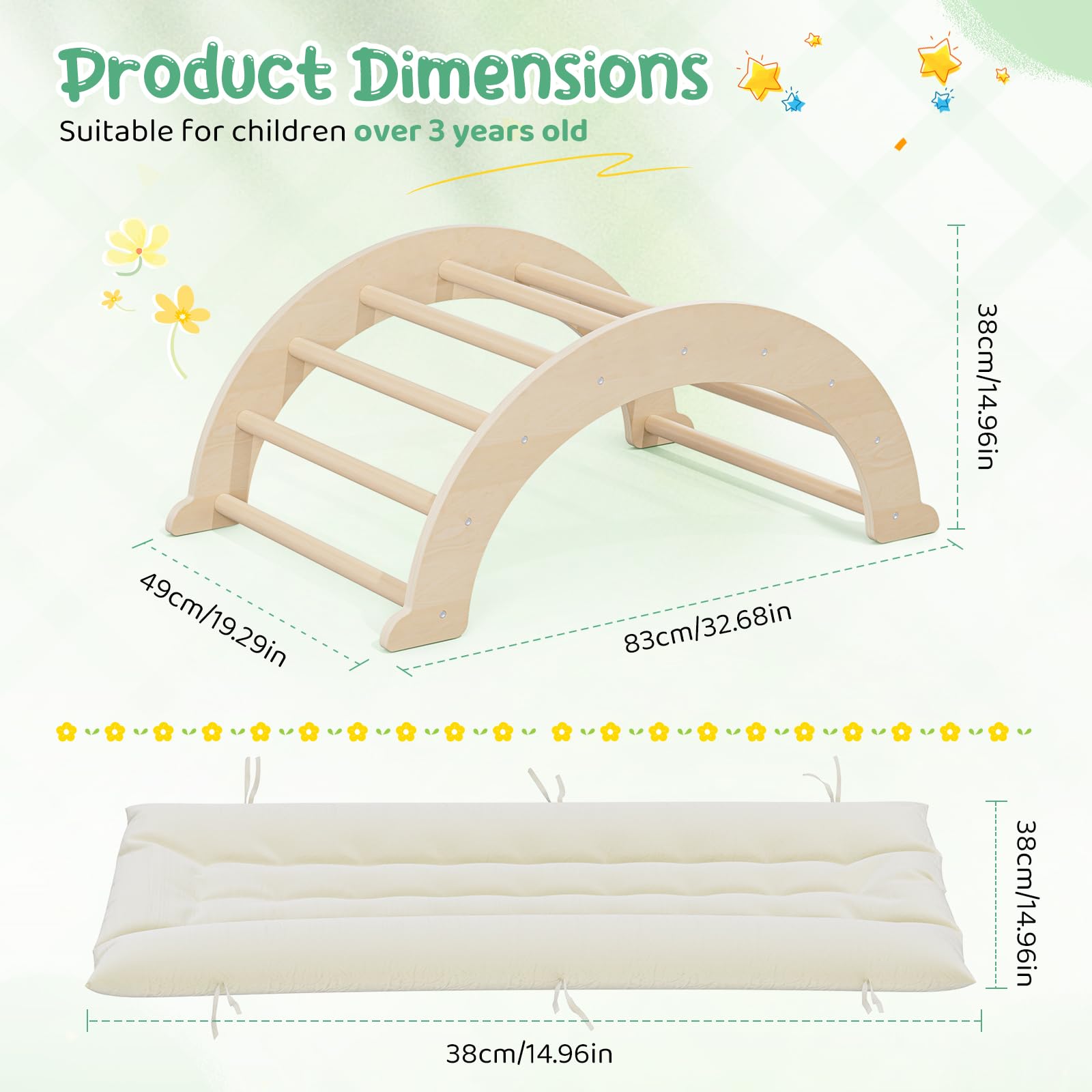nmoiww Struttura da Arrampicata per Bambini 3 in 1, Scala da Arrampicata in Legno per Bambini con Cuscino Accogliente, Palestra da Gioco Montessori per Interni (Colore Naturale)