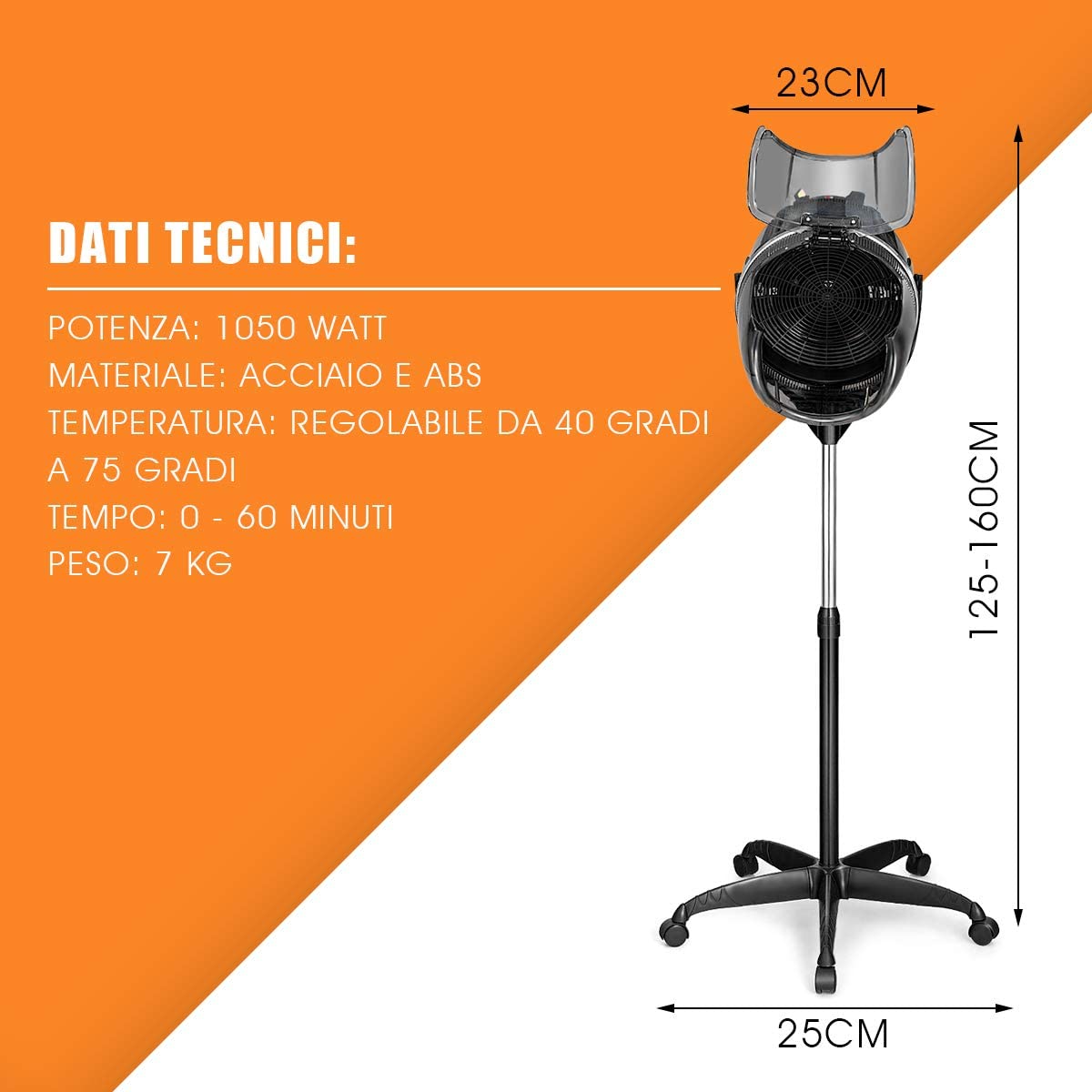 DREAMADE Casco Asciugacapelli Professionale in Piedi con Cappuccio Portatile Altezza Regolabile per Barbiere Salone Parrucchiere 1050 W, Temperatura 40-75 °C, Timer 0-60 Minuti, Altezza 125-160 cm