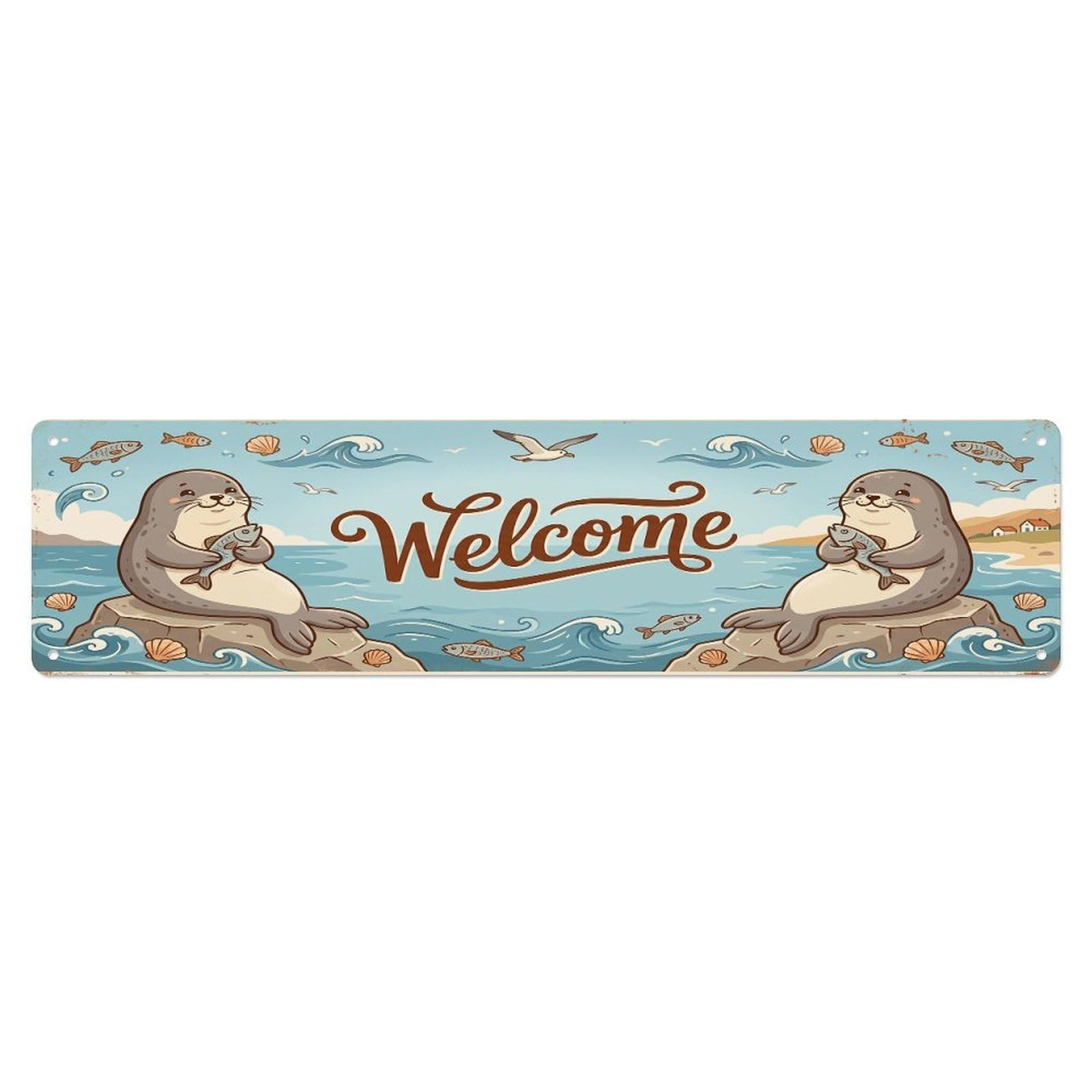 Vintage Welcome Seal Ocean Metal Tin Sign