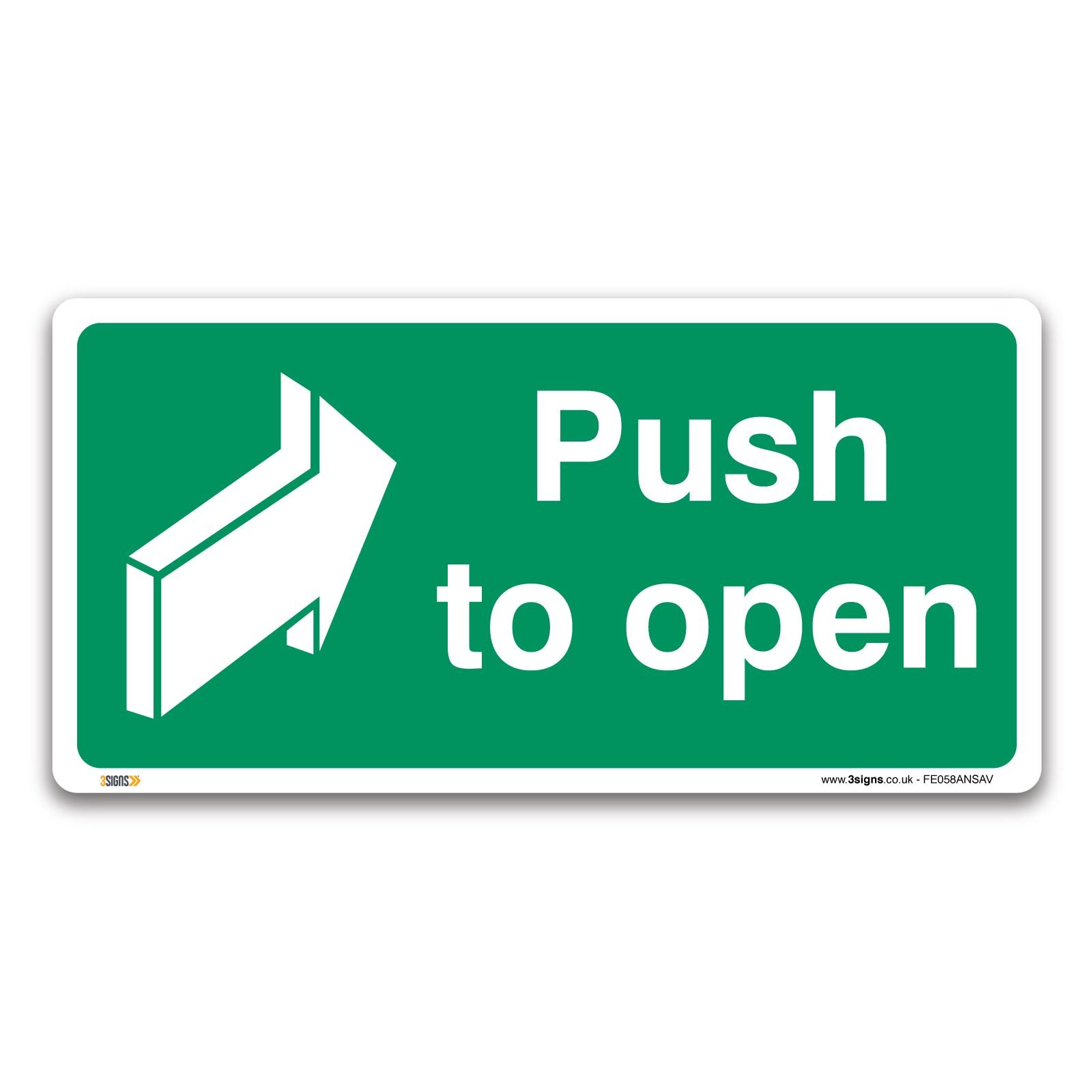 Push to open Fire exit Sign, Self-adhesive Vinyl Sticker 100x50mm, British Standard Fire Safety Door Signs