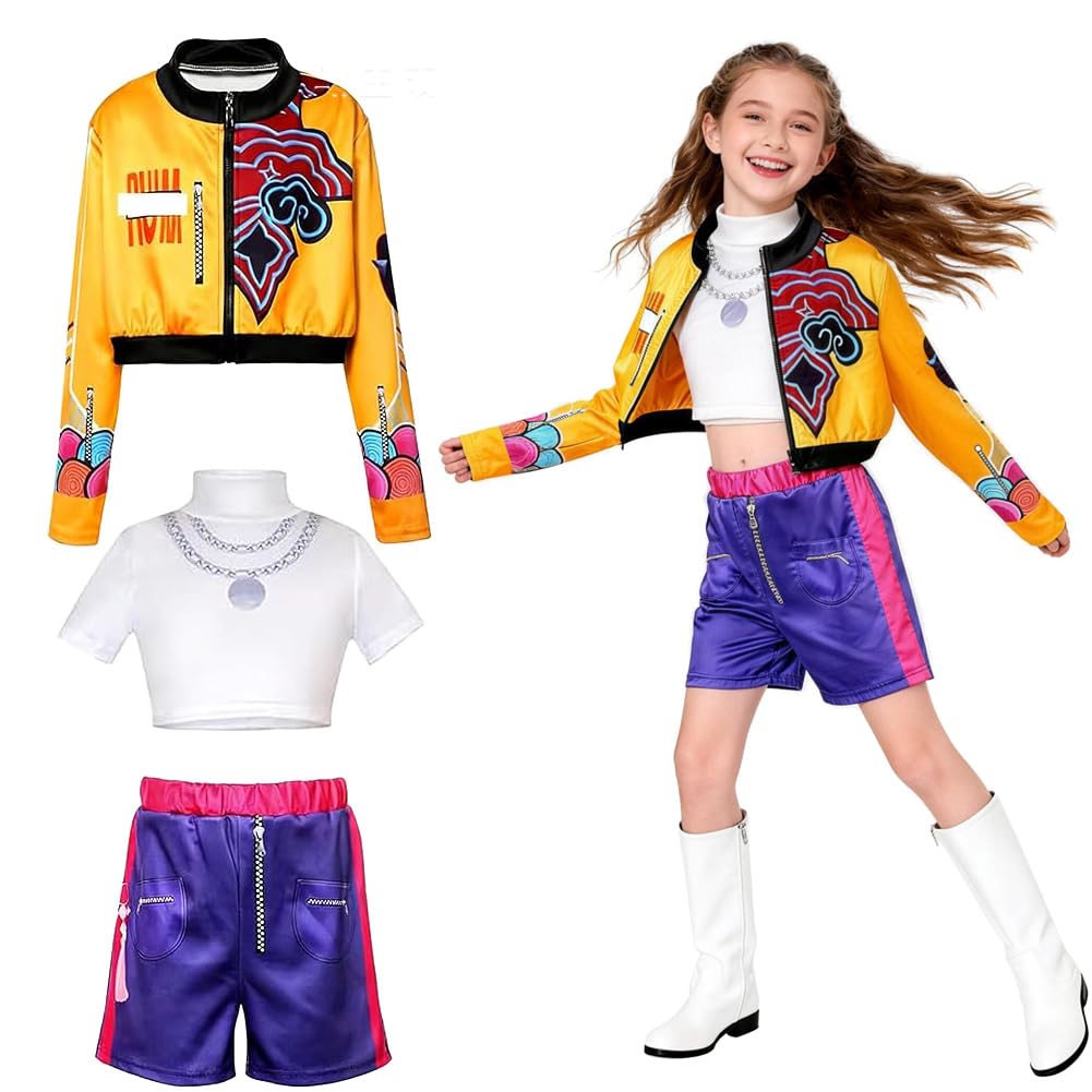 Demon Hunters Kostüm, Anime Cosplay Costume mit Weste, Jacke, Röcken, Koreanpop Kostüm Mädchen, Demon Popstar Kinderkostüme für Geburtstag Karneval Fasching Mottoparty Cosplay Party